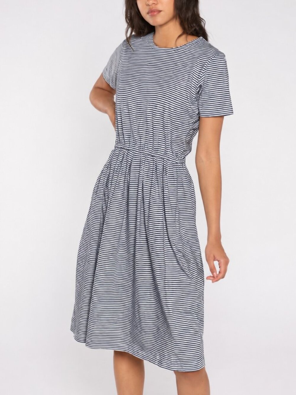 HERMAN GEIST VTG Striped Pleated  Button Back Pockets Midi Navy Shirt Dress PM
